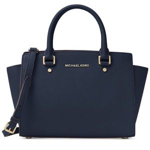 MICHAEL KORS Navy Selma Saffiano Leather Medium Satchel Crossbody Purse Handbag